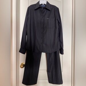 Faconnable Black Pinstripe Wool Blend Pant Suit Shirt/Jacket Size M Pants Size 8